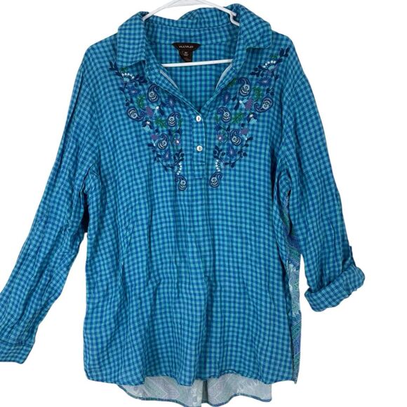 Multiples Blue Plaid Embroidered Tunic Mixed Fabric Top Boho Peasant Blouse OX - Picture 2 of 9